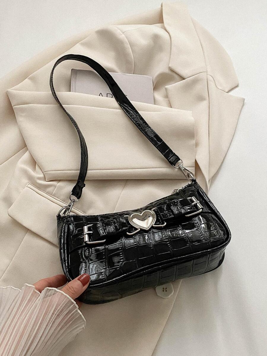 心形裝飾拉鍊方形袋，Pu Y2K風格肩背包，時尚便攜腋下包，適合音樂節