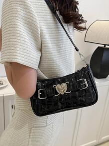 心形裝飾拉鍊方形袋，Pu Y2K風格肩背包，時尚便攜腋下包，適合音樂節