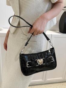 心形裝飾拉鍊方形袋，Pu Y2K風格肩背包，時尚便攜腋下包，適合音樂節