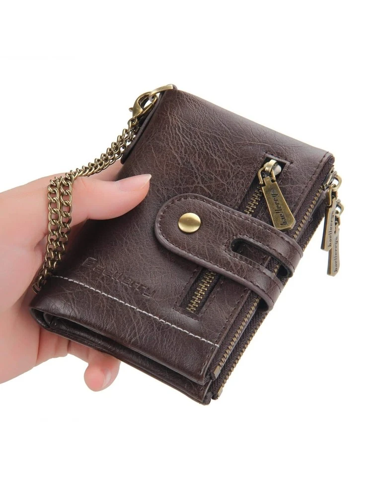 Chain Decor Small Wallet Brown With Zipper Credit Card Holder - Coffee Brown - View 3
