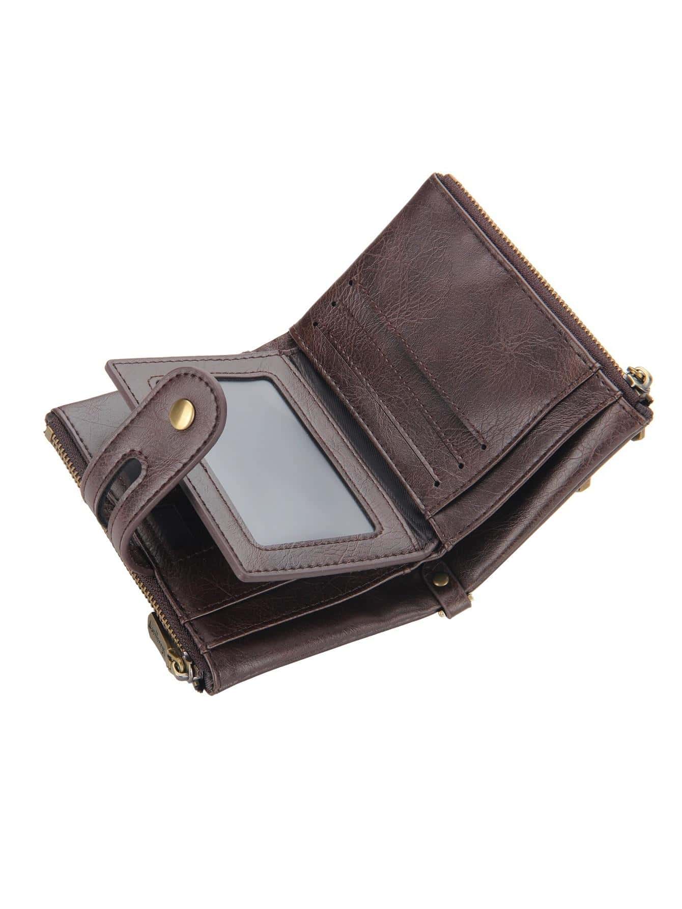 Chain Decor Small Wallet Brown With Zipper Credit Card Holder - Coffee Brown - View 4