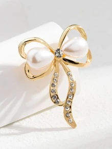 Faux Pearl Decor Bow Design Brooch - Yellow Gold - View 4