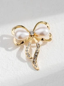 Faux Pearl Decor Bow Design Brooch - Yellow Gold - View 3