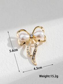 Faux Pearl Decor Bow Design Brooch - Yellow Gold - View 2