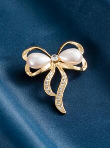 Faux Pearl Decor Bow Design Brooch - Yellow Gold - View 5