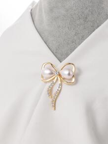 Faux Pearl Decor Bow Design Brooch - Yellow Gold - View 1
