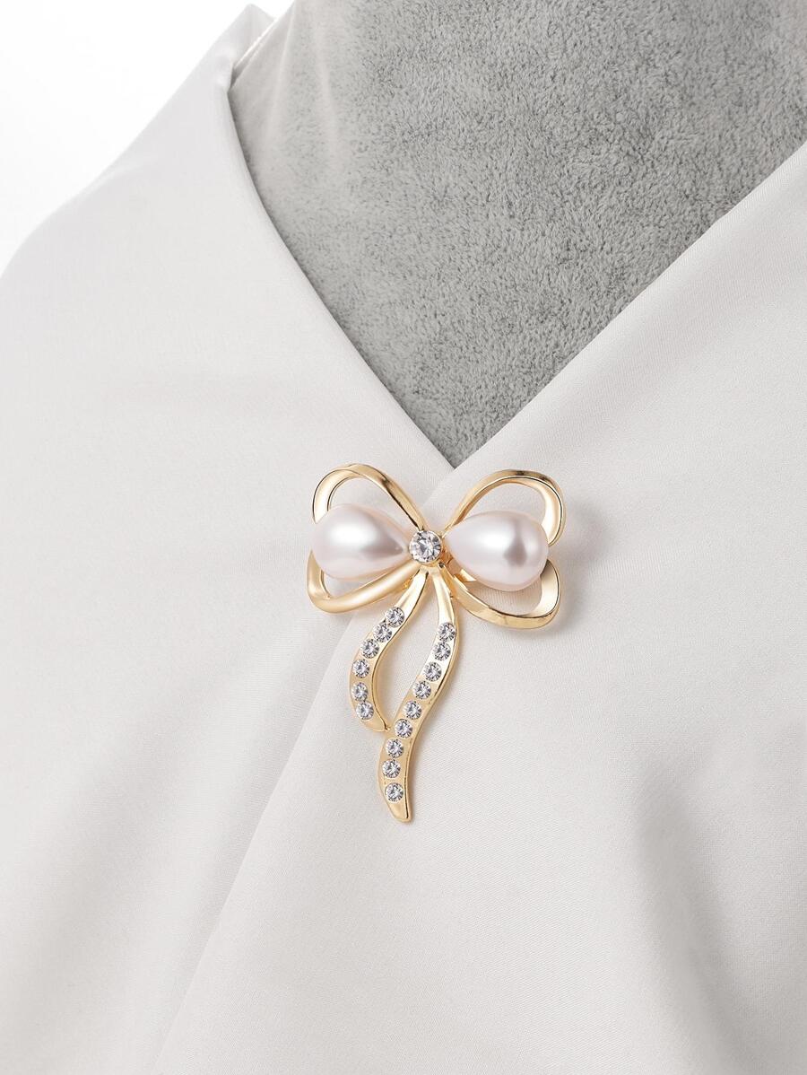 Faux Pearl Decor Bow Design Brooch - Yellow Gold - View 1