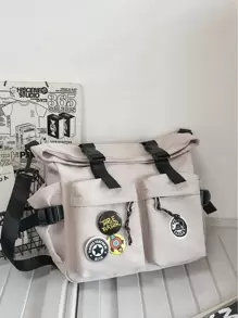 字母貼布郵差包插扣裝飾帶胸章和包飾 - 米色 - 查看 3