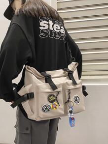 字母貼布郵差包插扣裝飾帶胸章和包飾 - 米色 - 查看 5