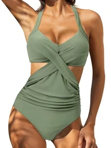 Twist Front Halter One Piece Swimsuit - Green - View 1