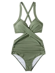Twist Front Halter One Piece Swimsuit - Green - View 3