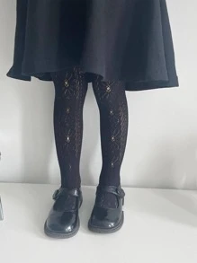 1pair Girls Flower Detail Hollow Out Tights For Daily Life - Black - View 1