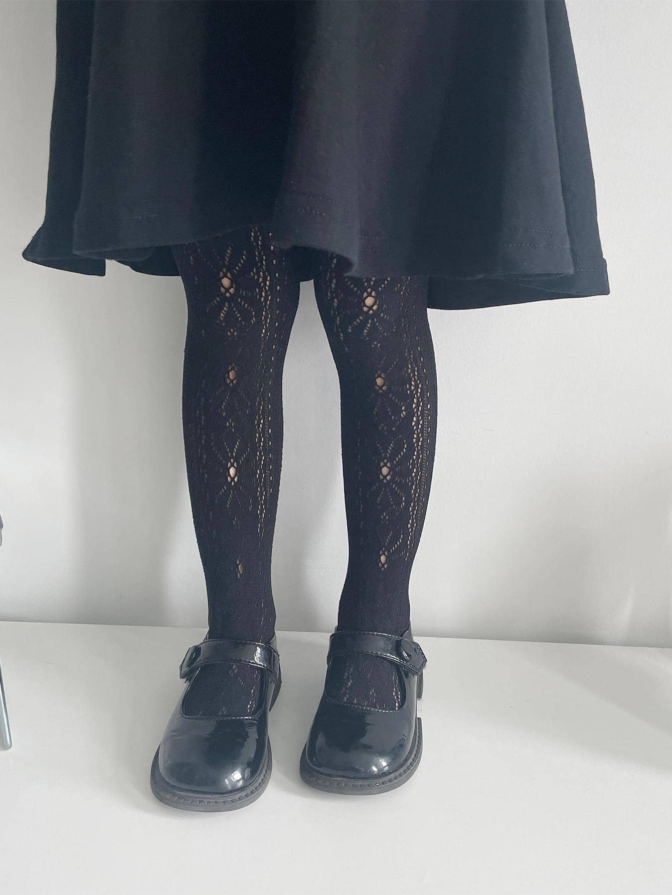 1pair Girls Flower Detail Hollow Out Tights For Daily Life - Black - View 1