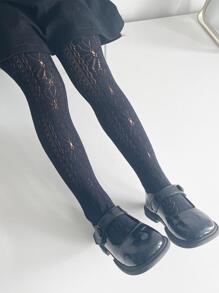 1pair Girls Flower Detail Hollow Out Tights For Daily Life - Black - View 2