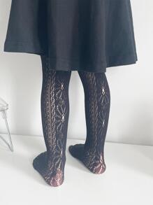 1pair Girls Flower Detail Hollow Out Tights For Daily Life - Black - View 3