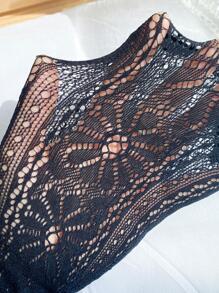 1pair Girls Flower Detail Hollow Out Tights For Daily Life - Black - View 4