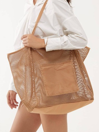 網狀沙灘包手提包女式單肩包手提包大號沙灘手提包書包適合畢業生、青少年女孩、新生、大二、初中和高中學生、大學和高中，非常適合戶外、旅行和返校