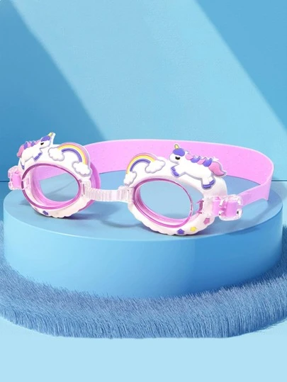 1pc Rainbow Horse Design Pink Waterproof Anti-Fog PC Swimming Goggles For Pool, Beach And Swimming Hall