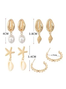 4pairs/set Random Boho Zinc Alloy Shell & Starfish Decor Earrings For Women For Gift