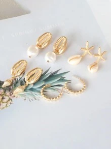 4pairs/set Random Boho Zinc Alloy Shell & Starfish Decor Earrings For Women For Gift