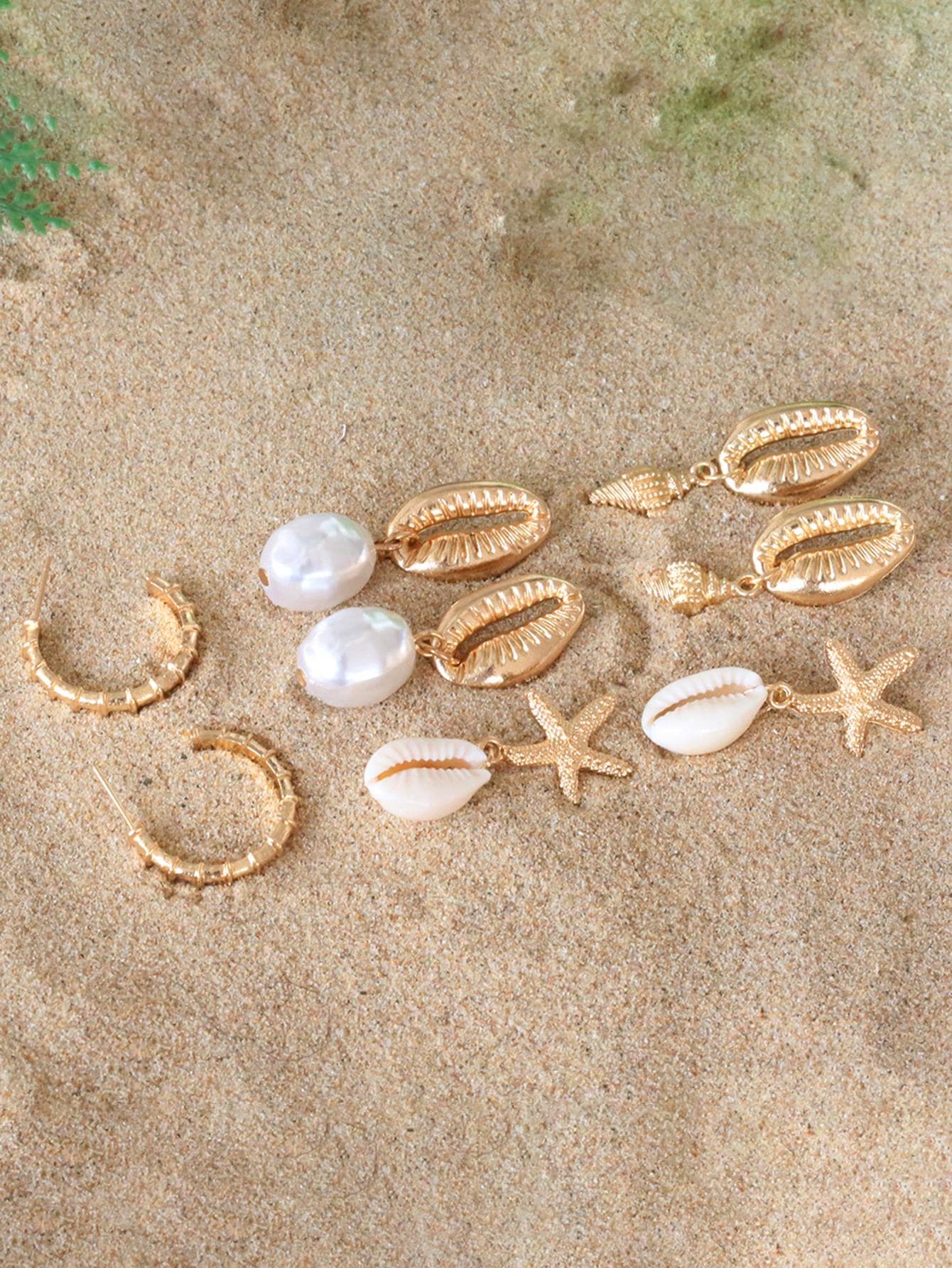4pairs/set Random Boho Zinc Alloy Shell & Starfish Decor Earrings For Women For Gift