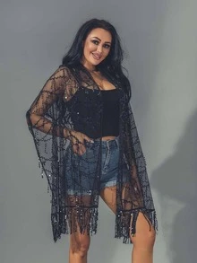 Unicra Women's Pashmina Wrap with Tassels Sequins Black Fringe Scarf Wraps for Wedding Evening Party Dress - 黑色 - 查看 3