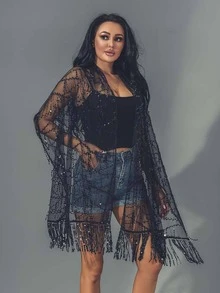 Unicra Women's Pashmina Wrap with Tassels Sequins Black Fringe Scarf Wraps for Wedding Evening Party Dress - 黑色 - 查看 5