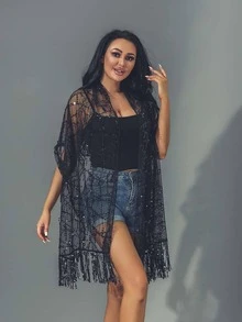 Unicra Women's Pashmina Wrap with Tassels Sequins Black Fringe Scarf Wraps for Wedding Evening Party Dress - 黑色 - 查看 4