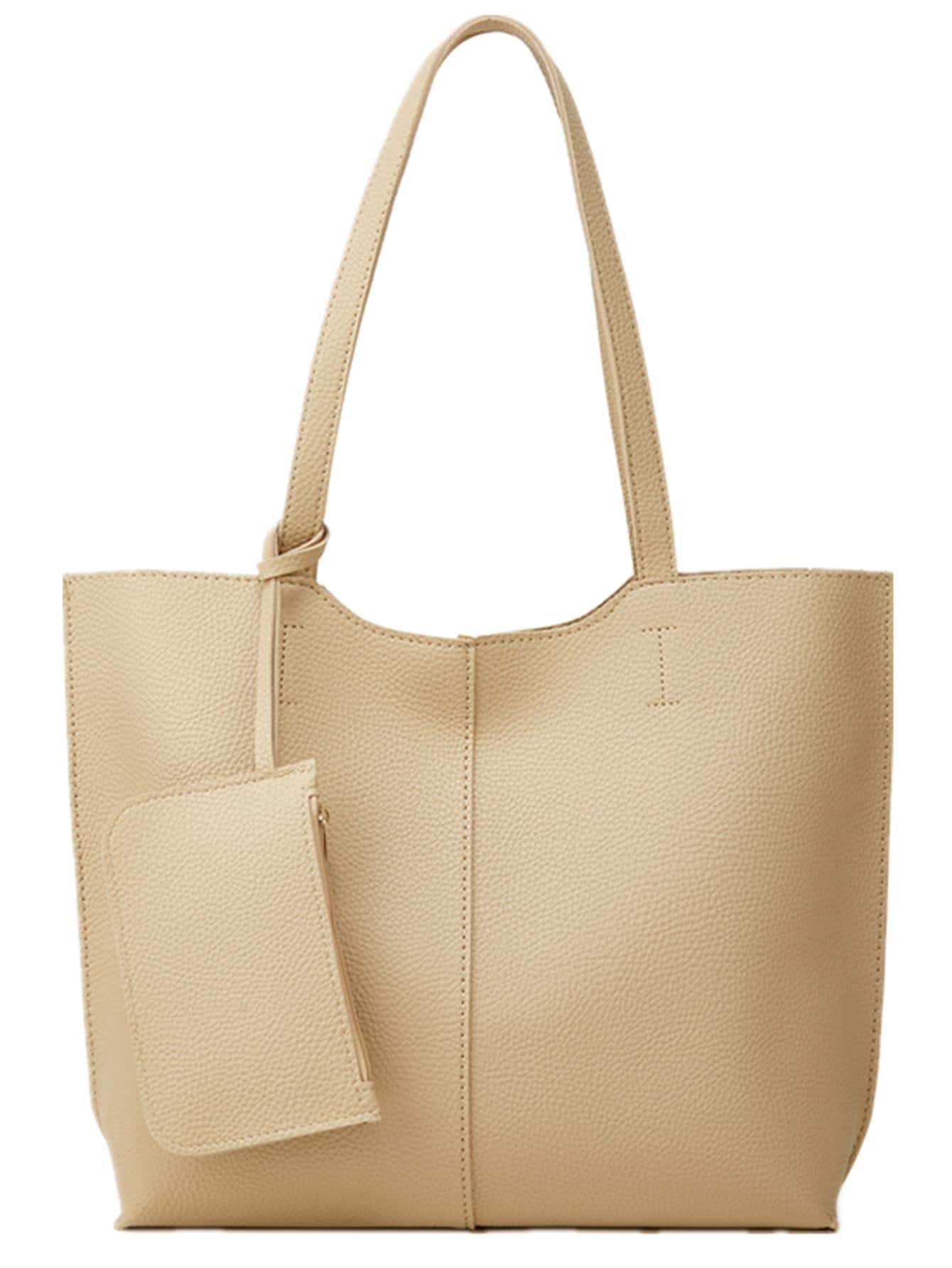 荔枝紋壓花單肩托特包附錢包素色雙把手 - 杏色 - 查看 1