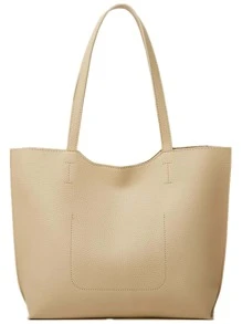 荔枝紋壓花單肩托特包附錢包素色雙把手 - 杏色 - 查看 3