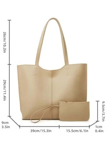 荔枝紋壓花單肩托特包附錢包素色雙把手 - 杏色 - 查看 4