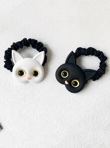 2 chiếc dây buộc tóc hình mèo hoạt hình dễ thương, tai mèo, phụ kiện tóc, dây buộc tóc đuôi ngựa, dây chun buộc tóc, dây buộc tóc, kẹp tóc đuôi ngựa, phụ kiện đội đầu bằng cao su. - Đen và trắng - Xem 1