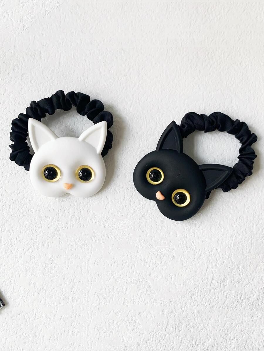 2 chiếc dây buộc tóc hình mèo hoạt hình dễ thương, tai mèo, phụ kiện tóc, dây buộc tóc đuôi ngựa, dây chun buộc tóc, dây buộc tóc, kẹp tóc đuôi ngựa, phụ kiện đội đầu bằng cao su. - Đen và trắng - Xem 1