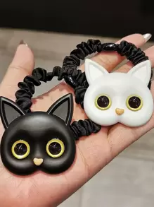 2 chiếc dây buộc tóc hình mèo hoạt hình dễ thương, tai mèo, phụ kiện tóc, dây buộc tóc đuôi ngựa, dây chun buộc tóc, dây buộc tóc, kẹp tóc đuôi ngựa, phụ kiện đội đầu bằng cao su. - Đen và trắng - Xem 2