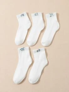5雙兒童表情和字母圖案短襪適用於日常生活 - 白色 - 查看 2