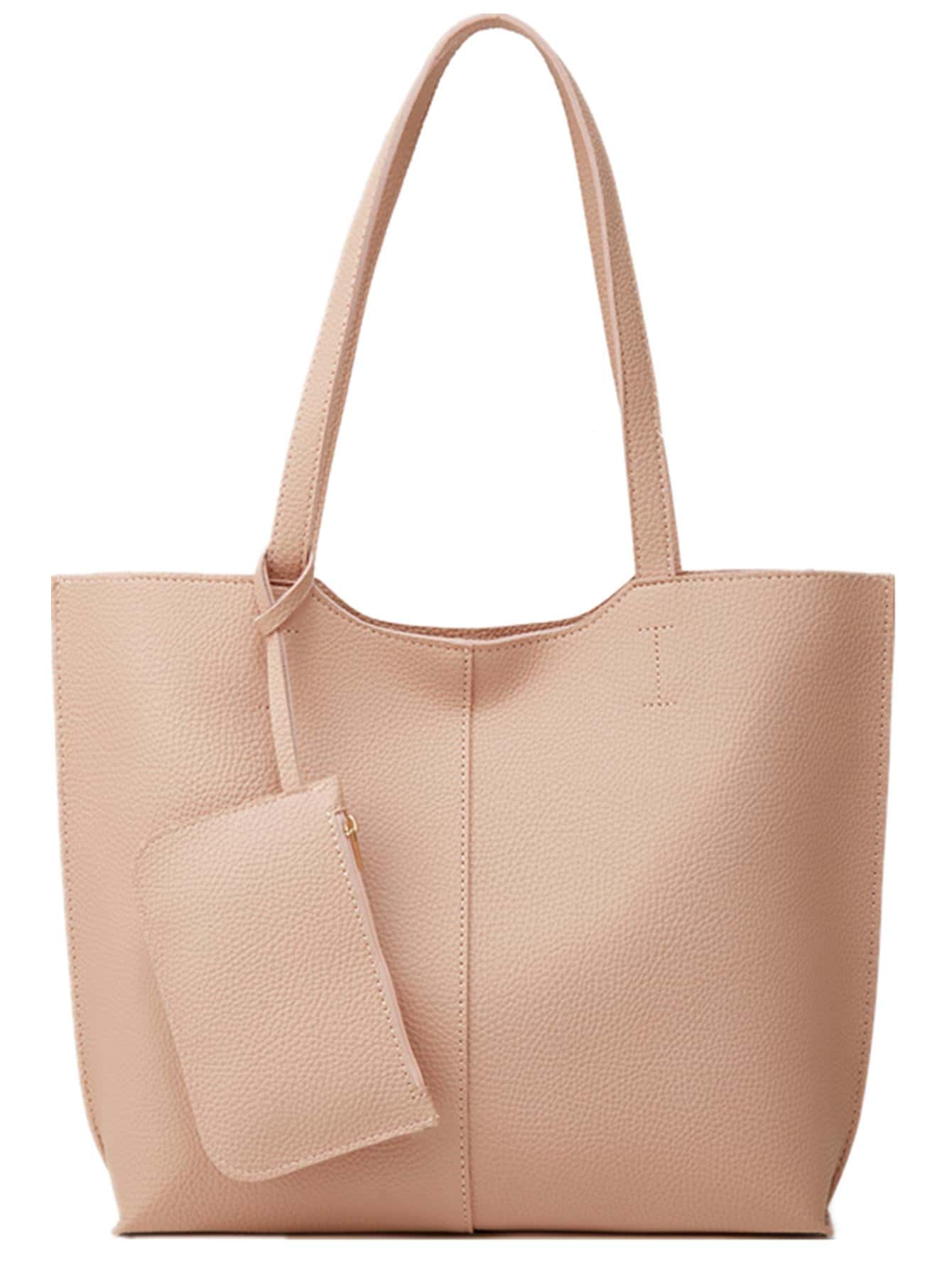 荔枝紋壓花單肩托特包附錢包素色雙把手 - 粉色 - 查看 1