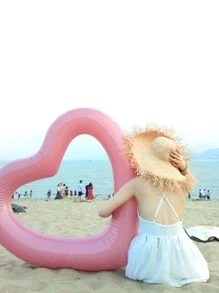 Heart-Shaped Inflatable Swimming Ring For Water Recreation & Bed, Pvc Material Pool Float - Pink - View 3