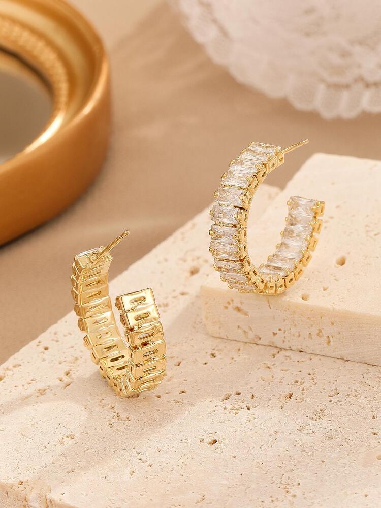 1pair Glamorous Cubic Zirconia Decor Cuff Hoop Earrings For Women For Daily Decoration - Yellow Gold - View 2
