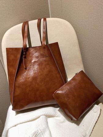 極簡單肩托特包帶內袋復古棕色