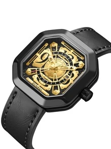 WISHDOIT ZUNPAI男士手錶防水原創PU聚氨酯黑色時尚奢華男士手錶夜光日曆 - 黑色 - 查看 1