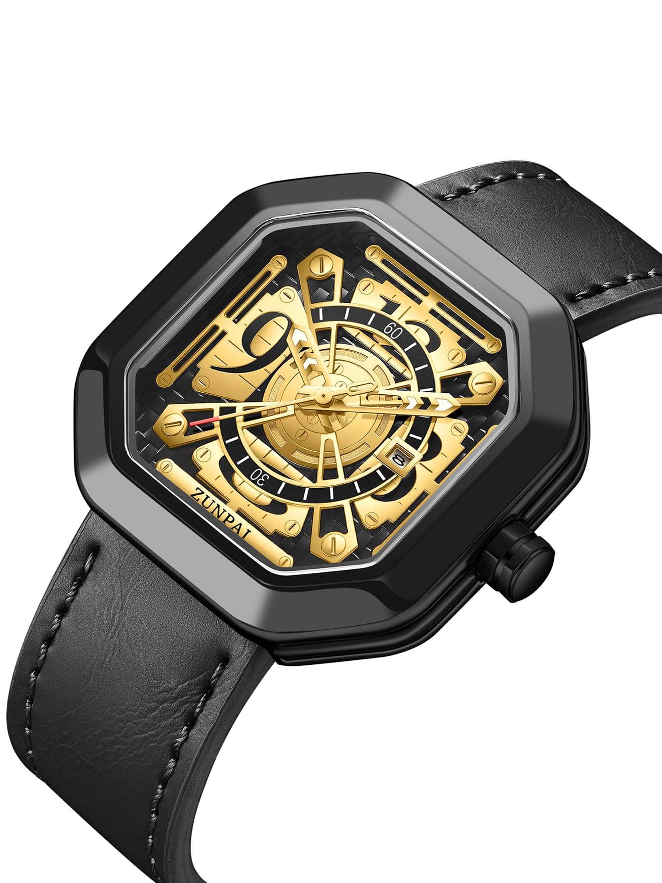 WISHDOIT ZUNPAI男士手錶防水原創PU聚氨酯黑色時尚奢華男士手錶夜光日曆 - 黑色 - 查看 1