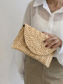 Tropiscape Corn Husk Weave Dinner Clutch Bag Women's Fashion Simple Solid Color Large Purse Woman Summer Casual,Perfect For Summer Travel Vacation,Straw Purse,Straw Beach Bag,Beach Necessities,Beach Essentials,Beach Stuff & Summer Essentials, Best Women Bag For Beach Vibes Beach Autumn Winter Gifts - Khaki - View 8