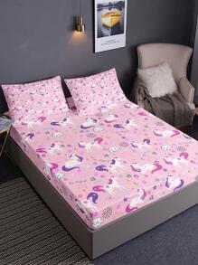 3 cái/bộ Bộ ga trải giường có họa tiết kỳ lân không có chất độn (1 ga trải giường & 2 vỏ gối), Bộ ga trải giường được trang bị bằng vải hiện đại cho gia đình - Nhiều màu - Xem 3