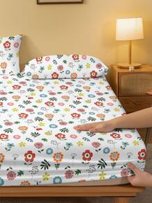 1pc Flower Print Fitted Sheet, Modern Fabric Fitted Bottom Sheet For Bedroom - Multicolor - View 4