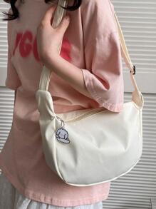 女士素色原宿單肩包、百搭多功能簡約包、大容量斜背包、青少年皮夾 - 白色 - 查看 3