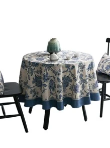 1pc Floral Pattern Tablecloth, Modern Polyester Round Table Cloth For Kitchen - Blue - View 1