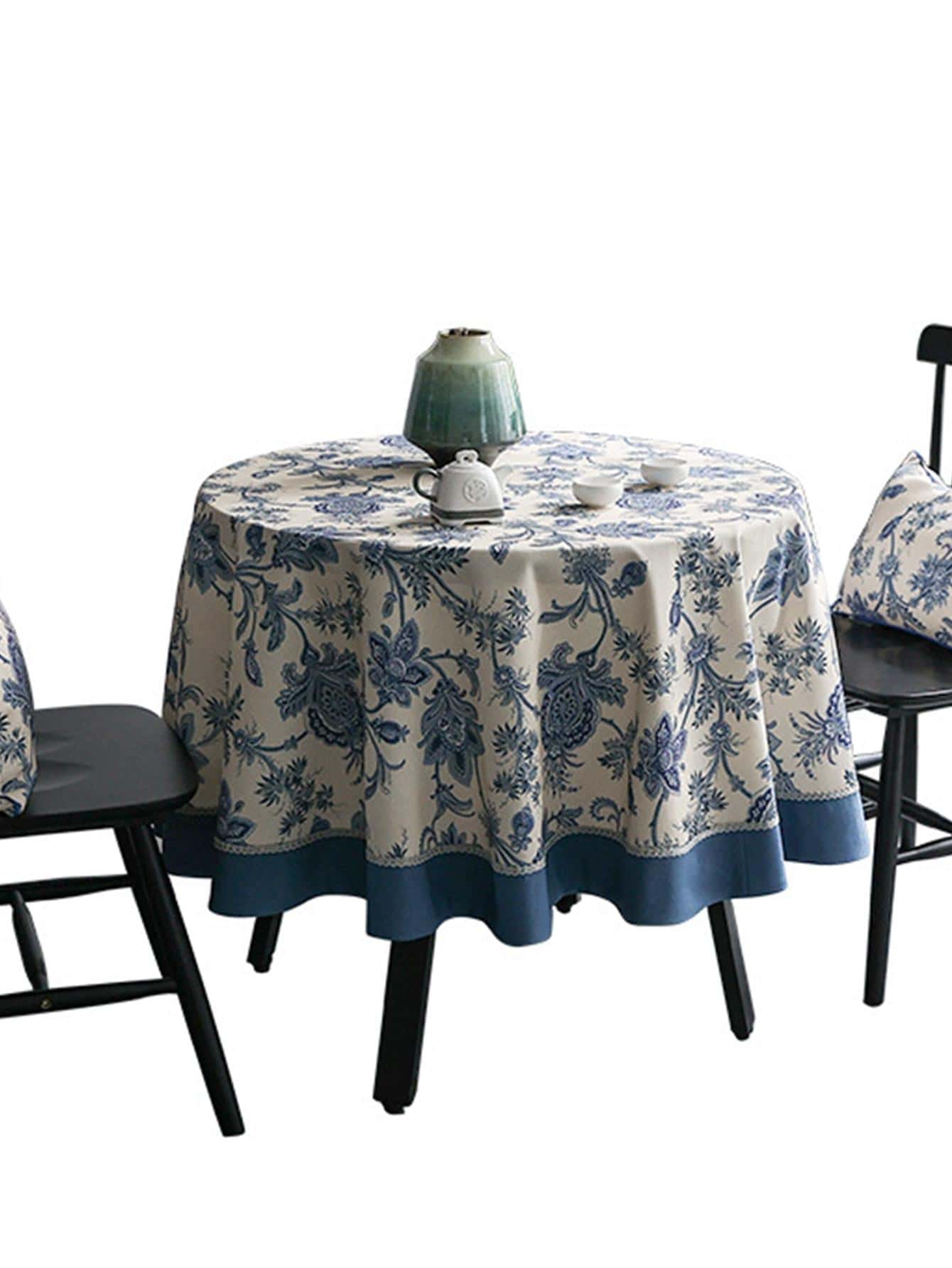 1pc Floral Pattern Tablecloth, Modern Polyester Round Table Cloth For Kitchen - Blue - View 1