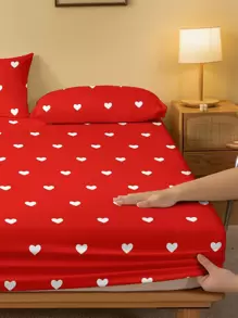 1pc Heart Pattern Fitted Sheet, Modern Fabric Fitted Bottom Sheet For Bedroom - Multicolor - View 4