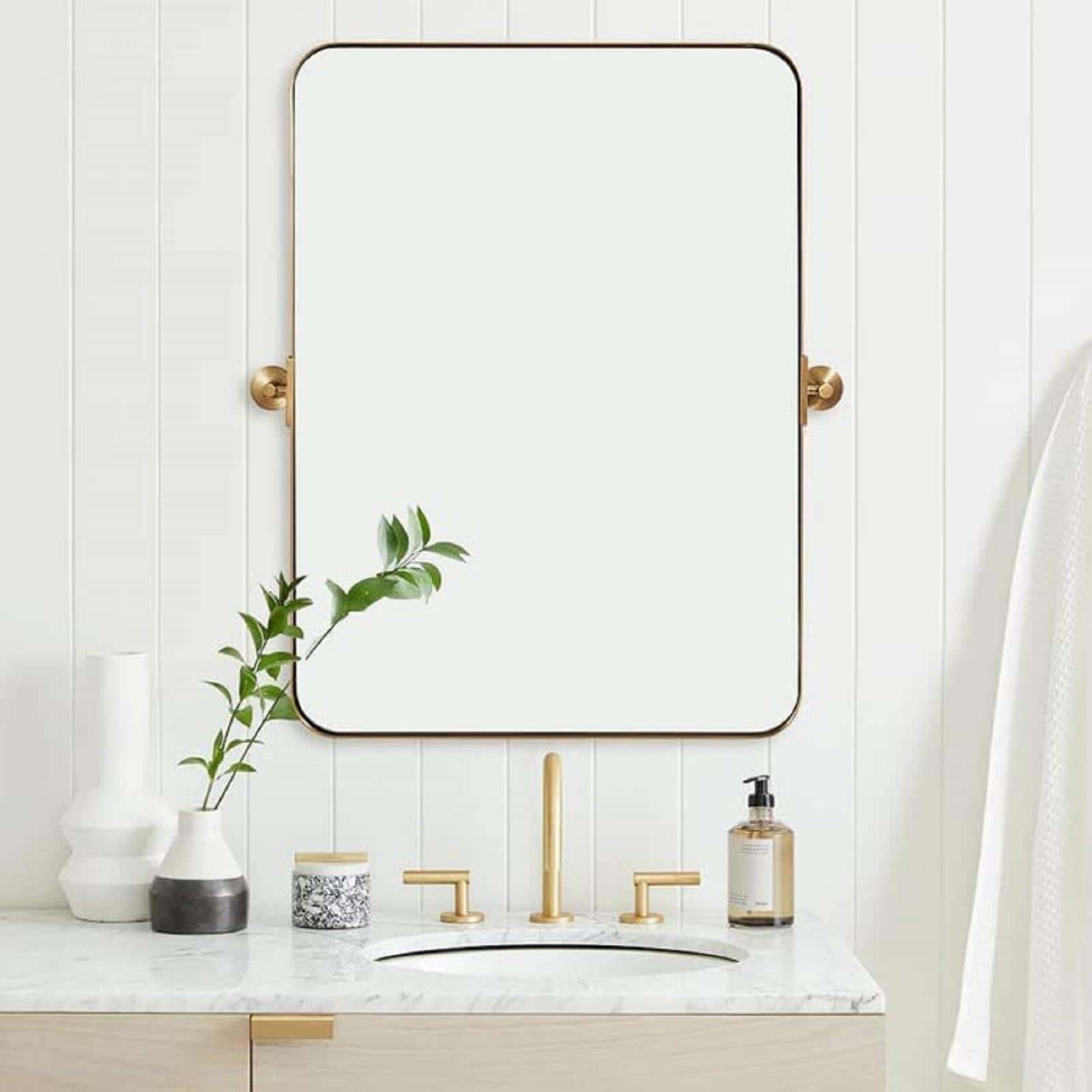 Metal Frame Pivot Rectangle Bathroom Mirror, Tilting Rounded