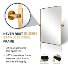 Metal Frame Pivot Rectangle Bathroom Mirror, Tilting Rounded Rectangular Vanity Mirror for Wall Stainless Steel Pivots Horizontally Only - Brushed Brass - View 5